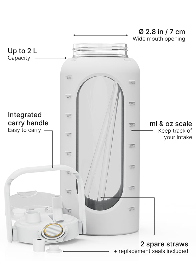 Grey 2-liter glass water bottle with silicone sleeve, carry handle, straw lid, measurement scale, replacement seals and two spare straws.