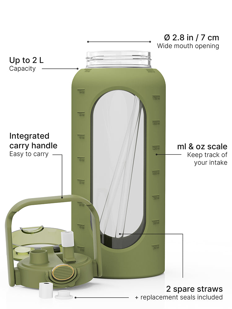 Olive green 2-liter glass water bottle with silicone sleeve, carry handle, straw lid, measurement scale, replacement seals and two spare straws.