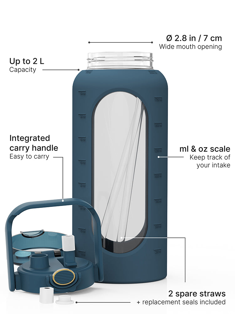 Teal 2-liter glass water bottle with silicone sleeve, carry handle, straw lid, measurement scale, replacement seals and two spare straws.