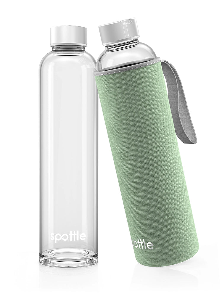 spottle 750-ml-Glasflasche mit pistaziengrüner Neoprenhülle und grauer Trageschlaufe