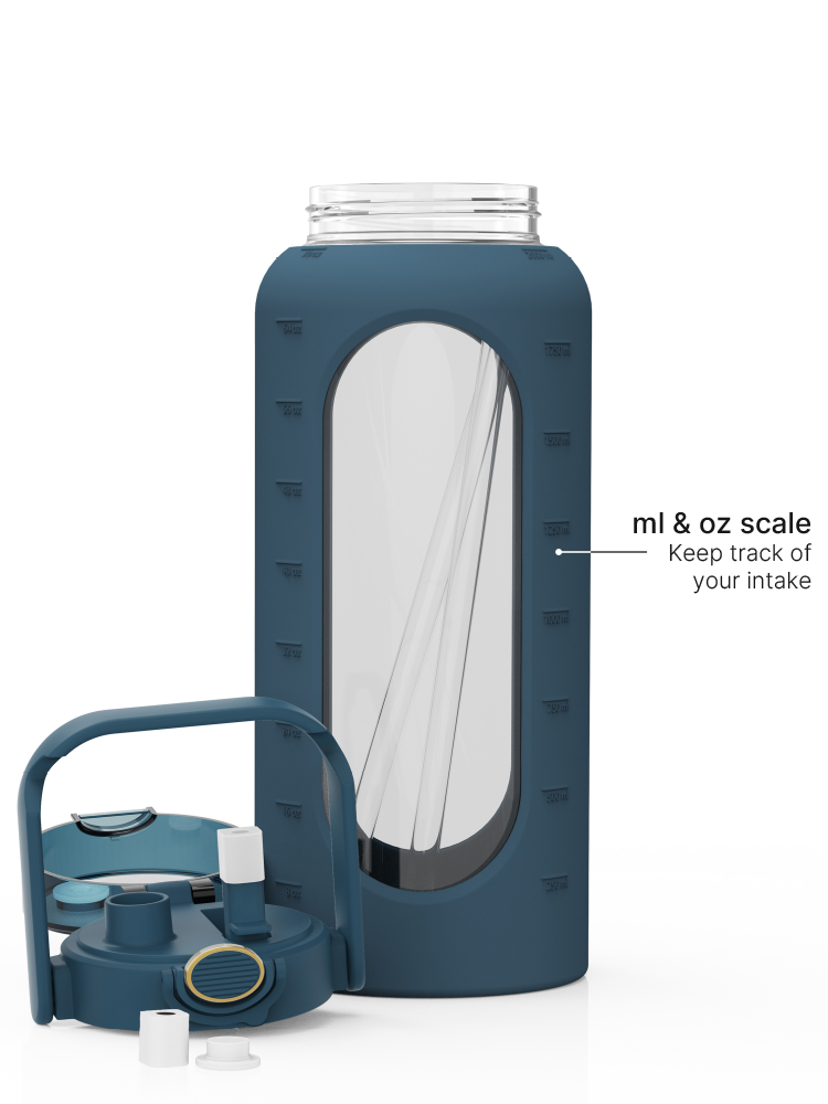 2-liter glass water bottle with petrol protective sleeve, straw lid, carry handle, and ml and oz measurement scale.