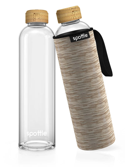 Glass water bottle with neoprene sleeve & bamboo cap – 1 L (32 oz)