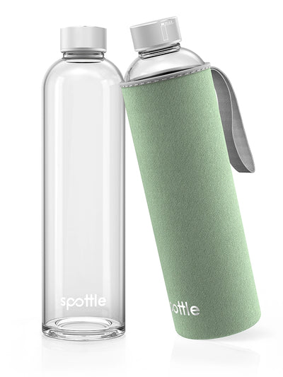 spottle 1-Liter-Glasflasche mit pistaziengrüner Neoprenhülle und grauer Trageschlaufe