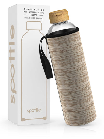 Glass water bottle with neoprene sleeve & bamboo cap – 1 L (32 oz)